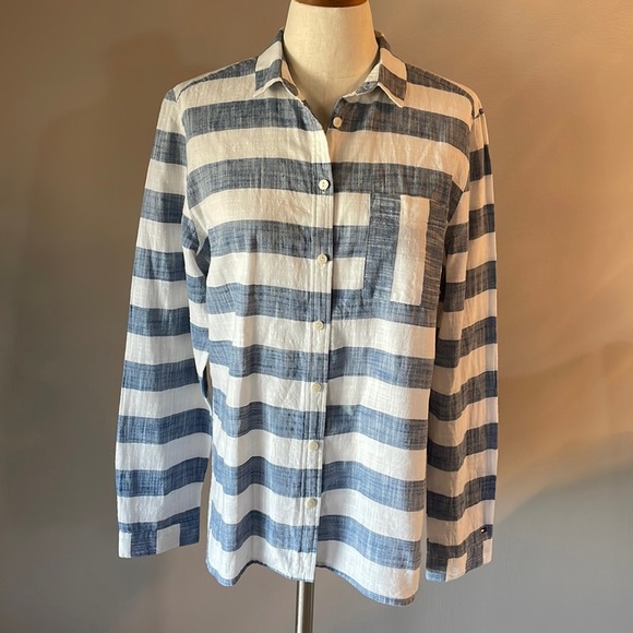 Tommy Hilfiger women’s contrast bold stripe button down shirt cotton classic Lrg - Picture 2 of 12